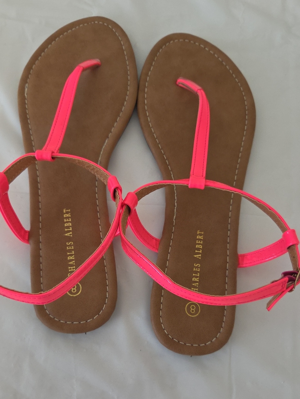 Charles Albert Neon Pink T-Strap Sandals with Brown Footbed
